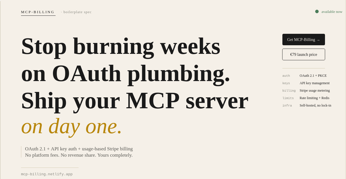 MCP-Billing – self-hosted auth and usage billing for MCP servers — 官网预览图
